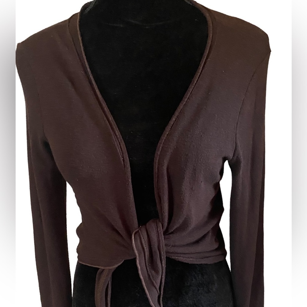 Cha Cha Vente tie front shrug long sleeve sz S Brown